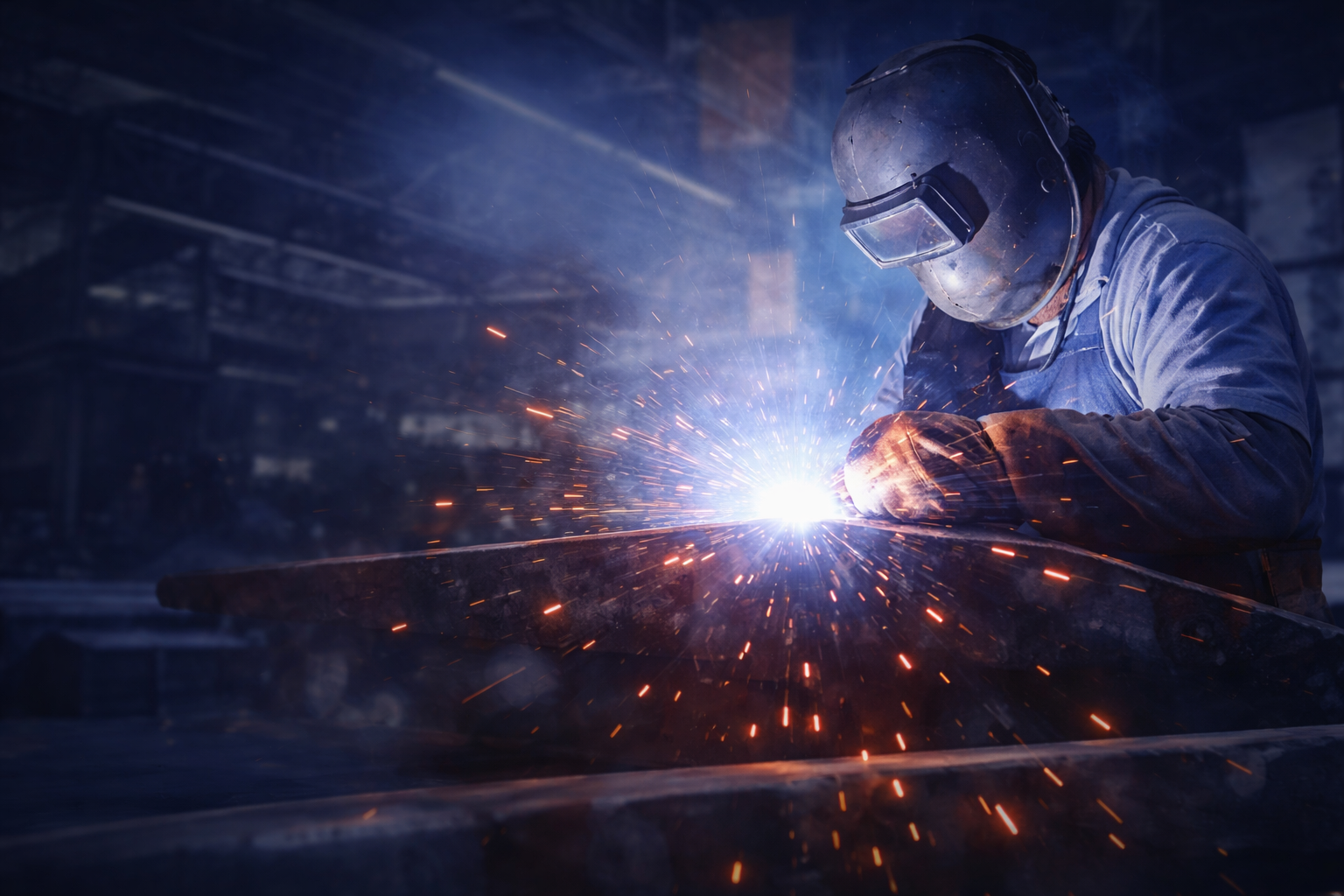 Soldador profesional trabajando con chispas